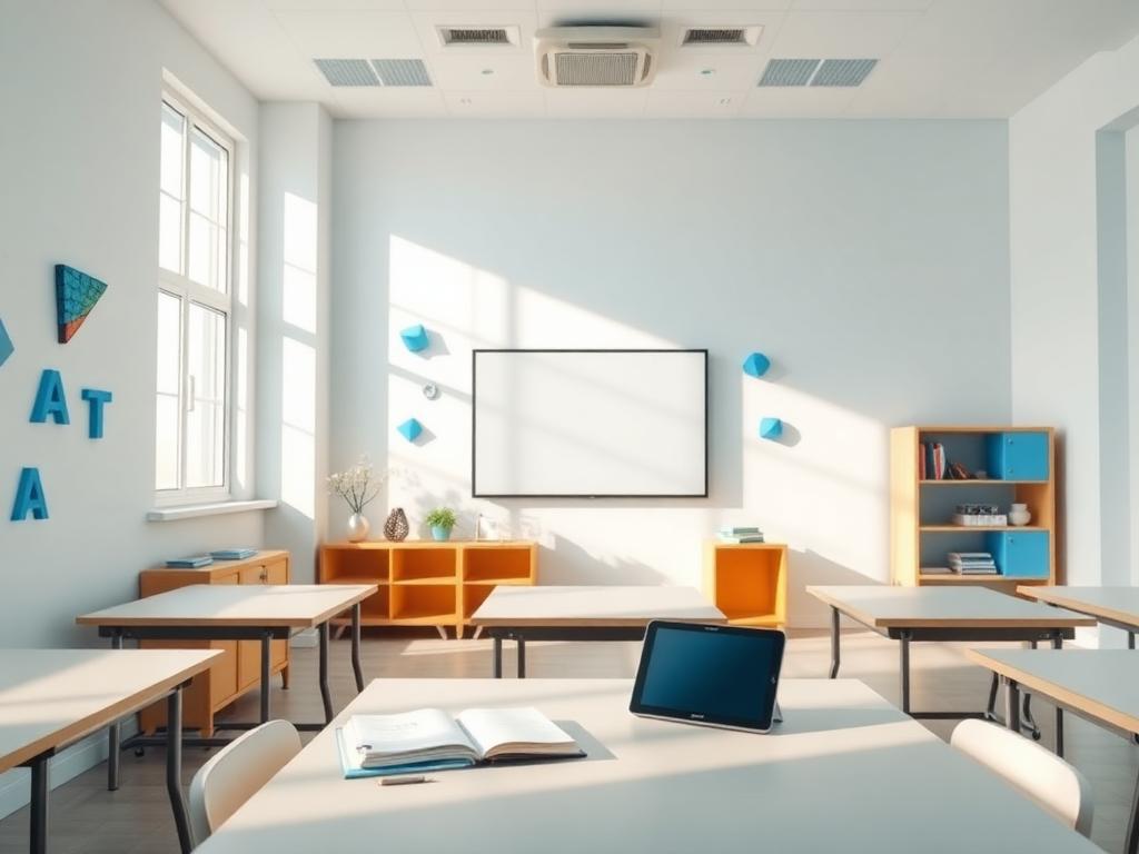 Aula moderna y luminosa lista para una clase de matemáticas
